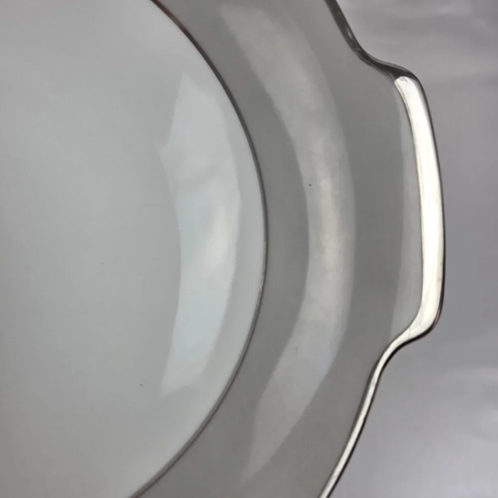 Sango Plantina Round Serving Bowl 9 Inch White with Gray Band & Platinum Trim